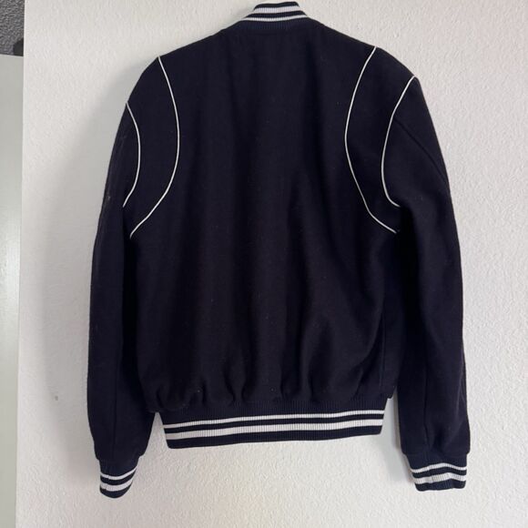 Zara Men Wool Mix Sz M Varsity Letterman Bomber Jacket Dark Navy Classic Style - Picture 3 of 10
